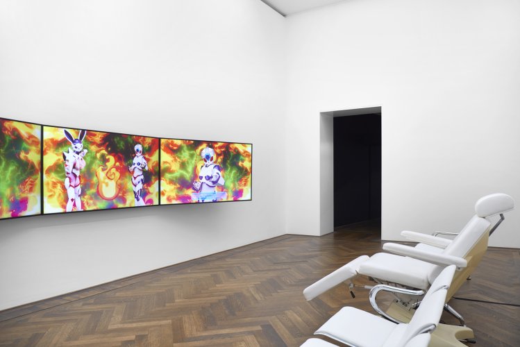 LuYang, "Material World Knight," 2018, installation view, in: LuYang, "LuYang Vibratory Field," Kunsthalle Basel, 2023, photo: Philipp Hänger / Kunsthalle Basel