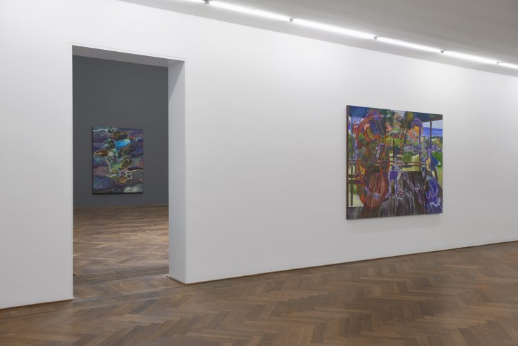 Installation view, Michael Armitage, "You, Who Are Still Alive," Kunsthalle Basel, 2022, view (f. l. t. r.) on, "Holding Cell," 2021, and, "Witness," 2022. Photo: Philipp Hänger / Kunsthalle Basel