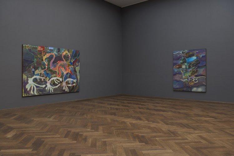 Installation view, Michael Armitage, "You, Who Are Still Alive," Kunsthalle Basel, 2022, view (f. l. t. r.) on, "Three Boys at Dawn," 2022, and, "Holding Cell," 2021. Photo: Philipp Hänger / Kunsthalle Basel