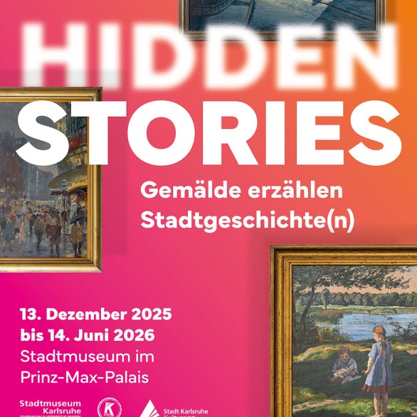 Plakat in Pink und Orange mit Ausstellungstitel und Ausschnitten von Gemälden.