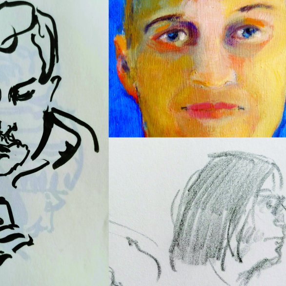 Collage von drei Gesichtern, als Skizze und gemalt