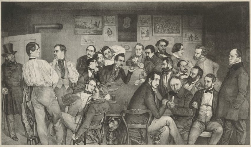 Eine gesellige Männerrunde, die teilweise stehen und sitzen