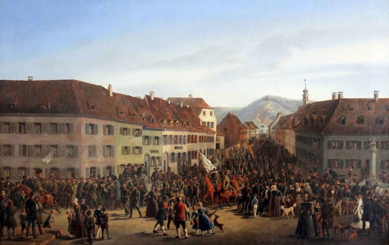Friedrich Kaiser, Einzug der Freischärler in Lörrach am 20. April 1848. Ölgemälde Sammlung DLM