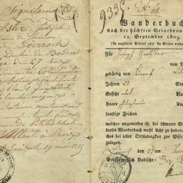 Wanderbuch des Wagnergesellen Joseph Herbster, ausgestellt vom Großherzoglichen Bezirksamt in Lörrach am 27. Juni 1819. Sammlung DLM ALöV 450