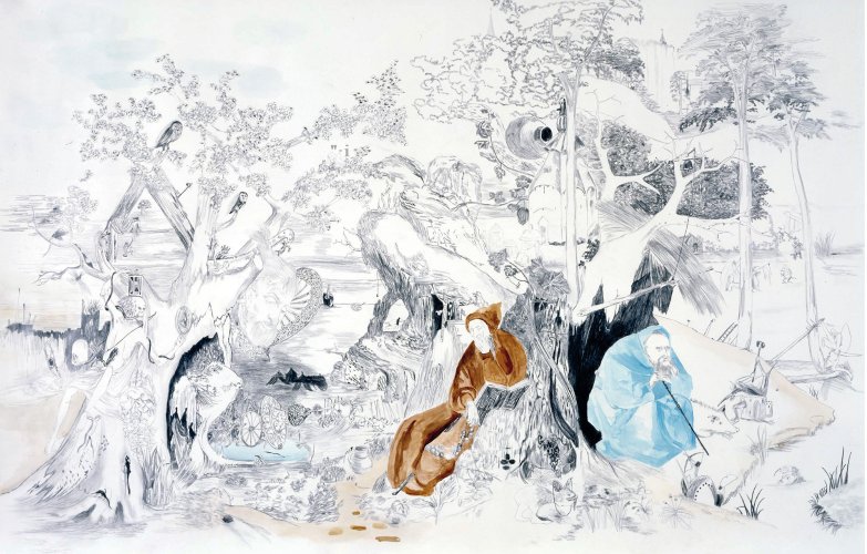 Claudia & Julia Müller, Zwei Heilige Antoniusse (Jan Mandyn und Hieronimus Bosch), 2004, watercolor on paper, from the series: Die Angst, die Finsternis und das Unheilvolle