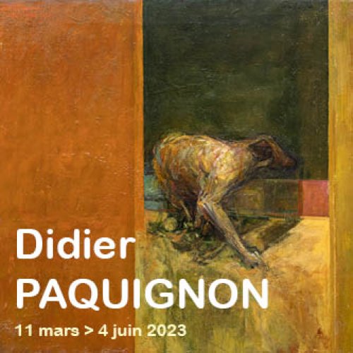 Visuel de l'exposition Didier Paquignon, peinture d'un chien errant dans un environnement jaune