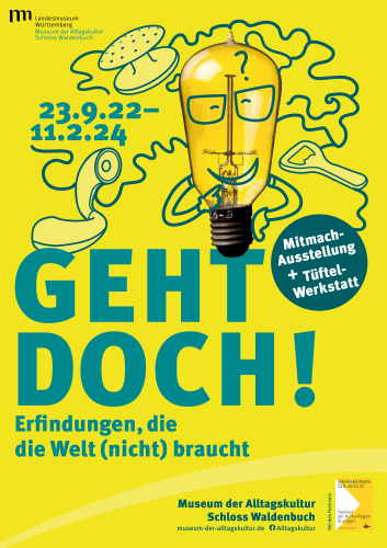 Gelbes Plakat mit dem Titel und der Laufzeit zur Ausstellung "Geht Doch!"