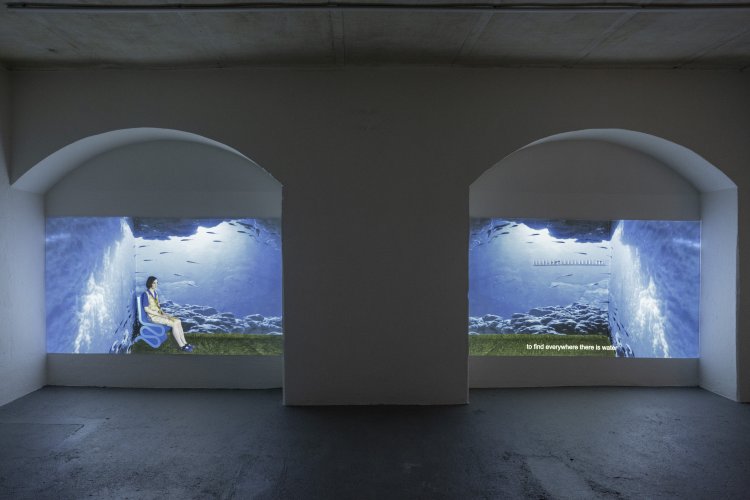 Installationsansicht der Videoarbeit «Cilia in the net of analogies» der Künstlerin Laila Kaletta im ehemaligen Tankraum der Langmatt