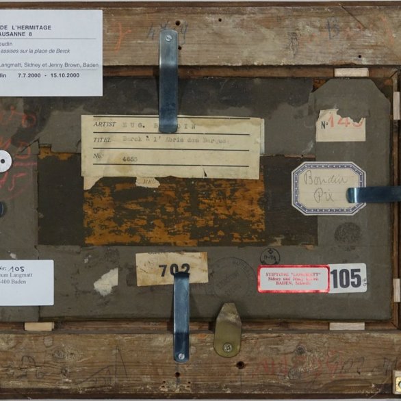 Schaufenster Archiv Rückseitenansicht des Bildes Eugène Boudin, «Fischerfrauen sitzend am Strand von Berck», 1875 –1878, Öl auf Holz, 16,2 × 28,7 cm, Museum Langmatt, Baden