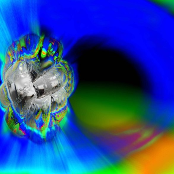 Ein silbernes Gebilde vor einem blau-grünen Hintergrund