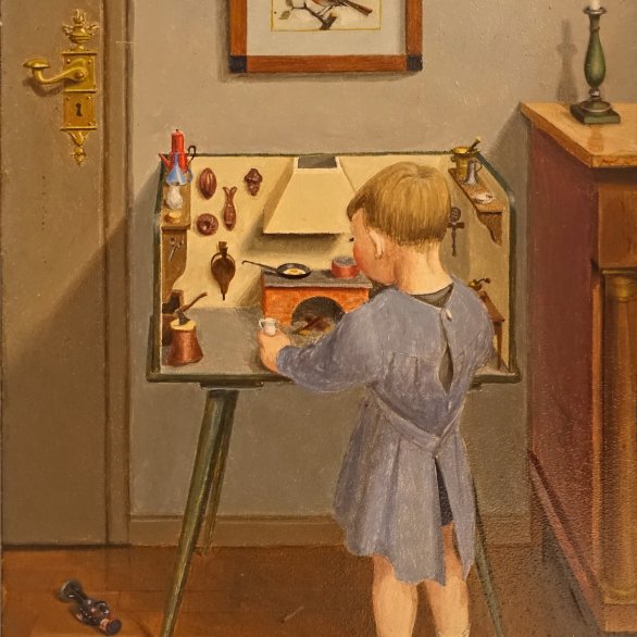 Niklaus Stoecklin, Kind vor Puppenküche, um 1948. Öl auf Hartfaserplatte, 33,5 x 27 cm. Privatbesitz. © ProLitteris, Zürich. Foto: Niklaus Stoecklin Stiftung, Basel