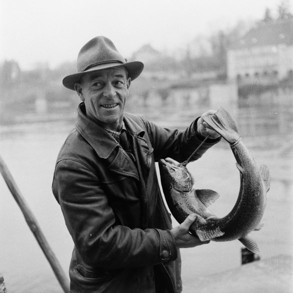 Fischer präsentiert einen gefangenen Lachs, 1945. Foto: Foto Lothar Jeck, Staatsarchiv Basel-Stadt, BSL 1060c 3/2/227