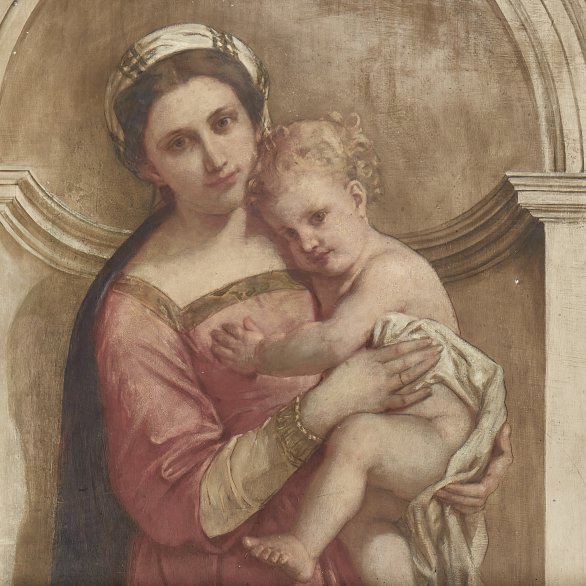 Ernst Stückelberg, Caritas, um 1875, Wandmalerei-Fragment aus dem Erimanshof in Basel,  Museum Kleines Klingental. Foto Kantonale Denkmal pflege Basel-Stadt, Peter Schulthess