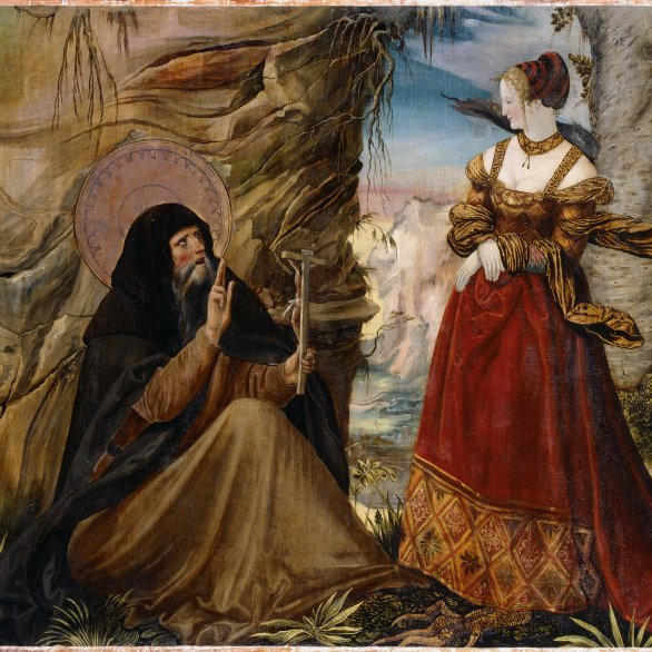 Niklaus Manuel (I.), Die Versuchung des heiligen Antonius, 1518–1520, Mischtechnik auf Fichtenholz, 101 × 126 cm. Kunstmuseum Bern, Depositum der Schweizerischen Eidgenossenschaft, Bundesamt für Kultur, Gottfried Keller-Stiftung  © Kunstmuseum Bern