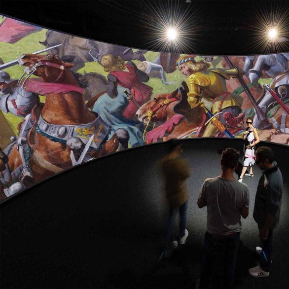 Menschen stehen vor dem digitalen Murtenpanorama