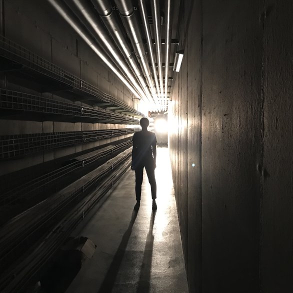 Die Silhouette einer Person in einem langen dunklen Flur