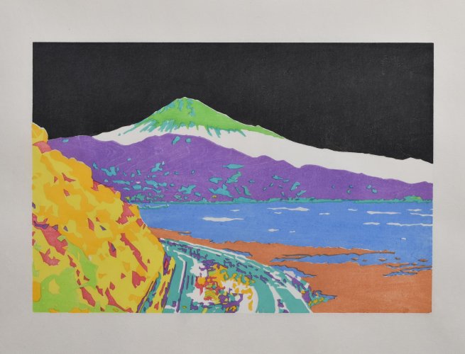 Farbiger Holzschnittdruck des Fujijama