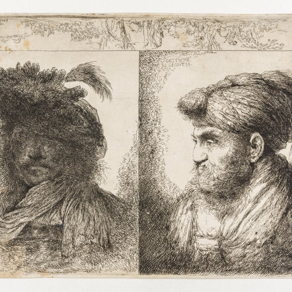 Giovanni Benedetto Castiglione: Kopf eines Mannes im Schatten, Kopf eines Mannes mit federgeschmücktem Turban und zwei Pastoralen, Radierung (1. Zustand) © GDKE Landesmuseum Mainz, Foto: A. Garth