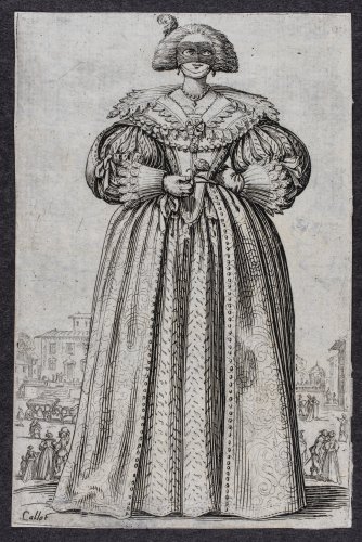 Jacques Callot, Die Dame mit der Maske (aus der Folge „La noblesse“), 1620–24, Radierung © GDKE Landesmuseum Mainz, Foto: A. Garth