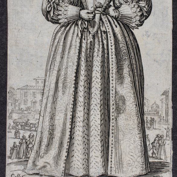 Jacques Callot, Die Dame mit der Maske (aus der Folge „La noblesse“), 1620–24, Radierung © GDKE Landesmuseum Mainz, Foto: A. Garth