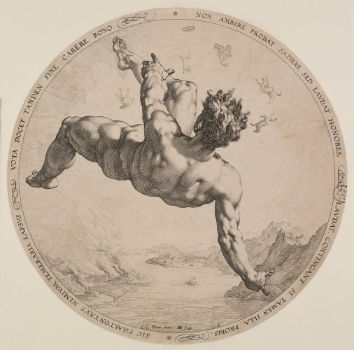 Zeichnung eines Mannes, nackt, rückwärts vom Himmel fallend
