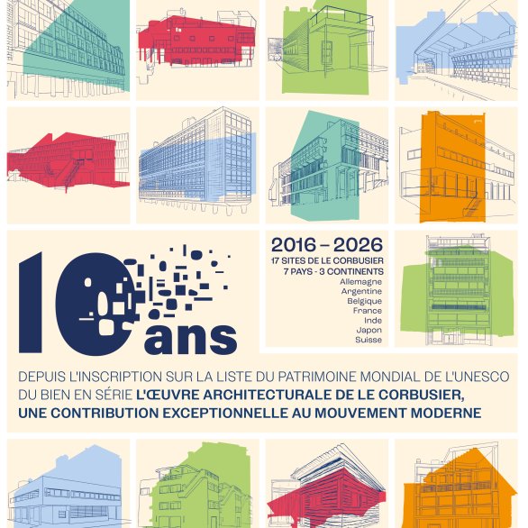 Affiche du 10e anniversaire de l'inscription de l'oeuvre de Le Corbusier sur la liste du patrimoine mondial de l'UNESCO
