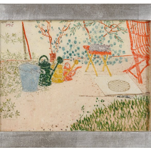 Paul Klee (1879 − 1940) Gartenscene (Gießkannen, e. Katze, e. roter Stuhl), 1905, 24 Hinterglasmalerei, Aquarell; rekonstru-ierter Rahmen 13 x 18 cm Zentrum Paul Klee, Bern, Schenkung Livia Klee