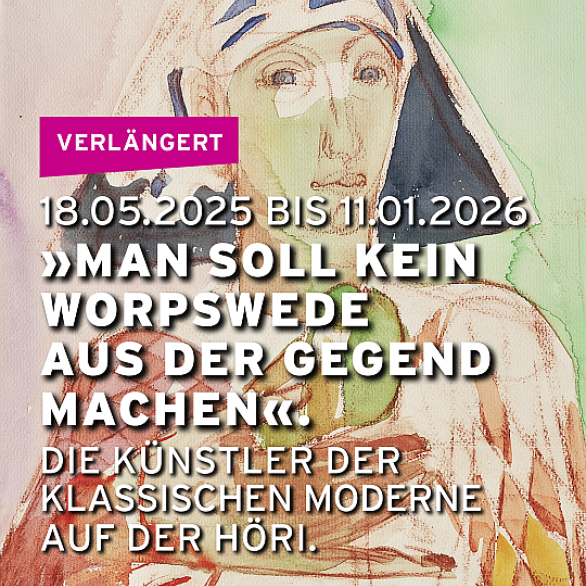 Auf dem farbigen Aquarell ist der Kopf eines gemalten Harlekins sichtbar, der den Blick dem Betrachter zuwendet. Er hat eine spitz nach oben zulaufende Kopfbedeckung.  Der Hintergrund besteht aus wässrigen Rosa- und Grüntönen.