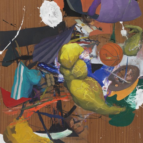Das Gemälde zeigt eine dynamische, vielschichtige Komposition mit fragmentierten Körperformen, kräftigen Gelb-, Violett- und Brauntönen sowie expressiven Pinselspuren. Im Zentrum sind überdimensionierte Gliedmaßen, ein Basketball und abstrakte Formen zu erkennen, die an Bewegung und Spannung erinnern. Der Hintergrund aus Holzstruktur verleiht dem Bild eine rohe, materielle Wirkung.
