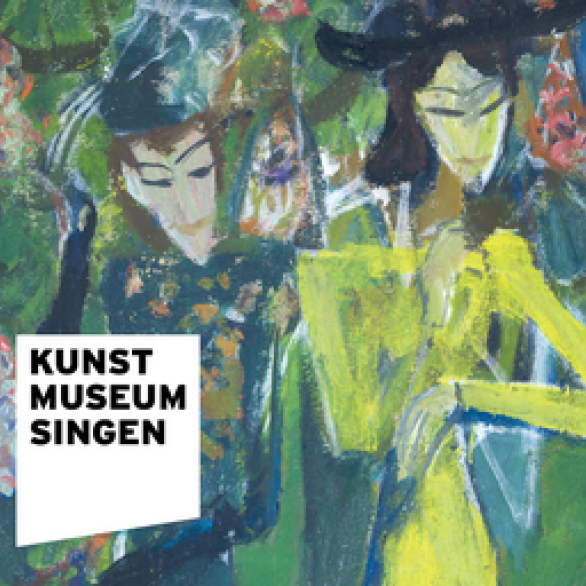 Ausstellungsbanner »Zusammenspiel. Die Höri-Künstler.« vor einem farbigen Gemäldeausschnitt mit zwei Figuren.