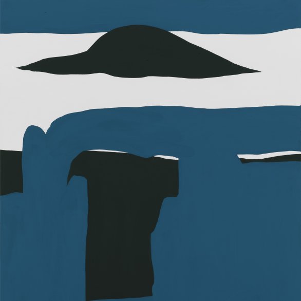 Abstraktes Bild: große rote Blütenform, dunkelgrüner Stiel, grün-weißer Hintergrund.