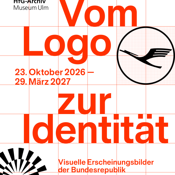 Grafik: vor einem weiß-rot karierten Raster sind in schwarz verschiedene Logos und Bildzeichen zu sehen. Ausstellungstitel und Laufzeit stehen in roter Schrift.