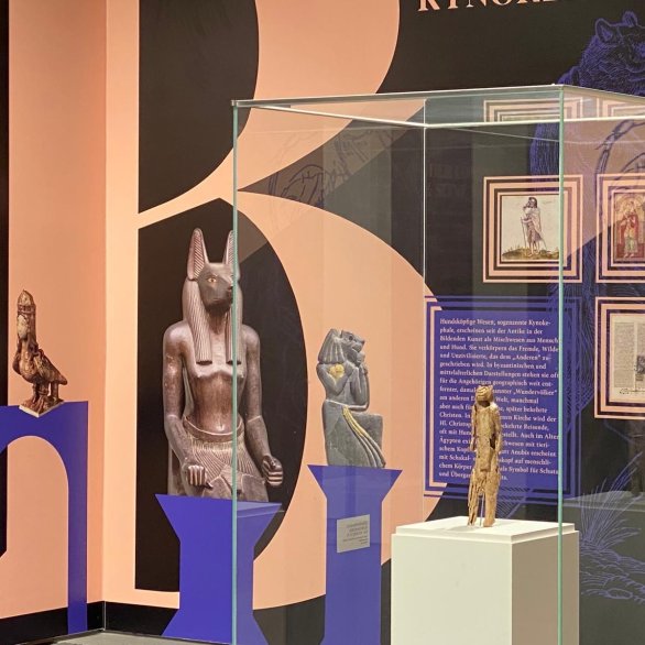 Farbfotografie: Ansicht eines Ausstellungsraumes mit farbiger Wantapete. Im Zentrum eine Vitrine, in der auf einem weißen Sockel eine braune Figur steht.