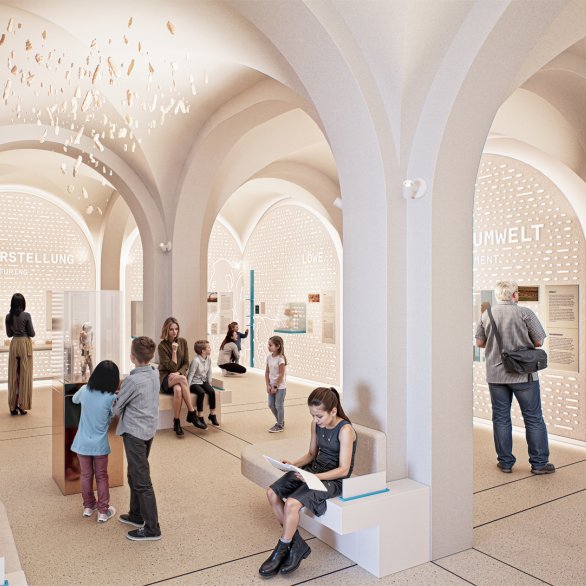 Grafik: Rendering eines Ausstellunsgraums mit gewölbter Decke und einigen Besucher*innen. In der Mitte eine Vitrine mit der Figur des Löwenmenschen.