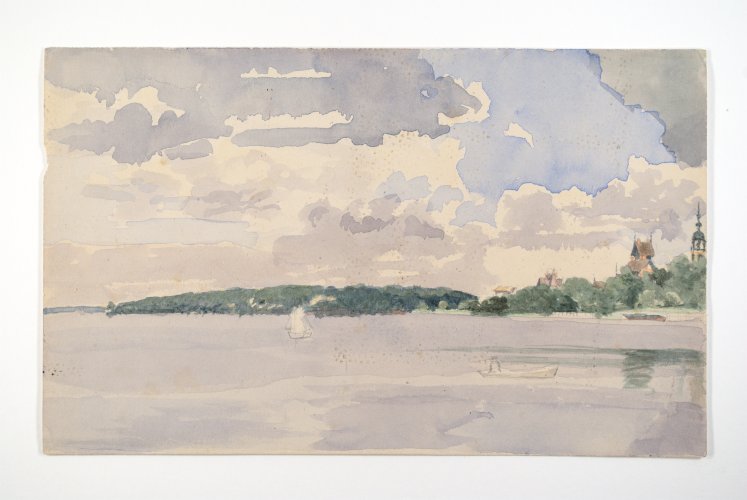 Malerei eines Sees mit Boot, Landschaft und Häuser im Hintergrund