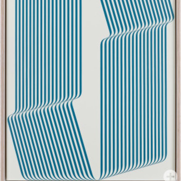 Das Bild zeigt ein blau-weiß gestreiftes, breites Band, das sich im Rahmengeviert windet und wellt und somit die Illusion von Bewegung in einem dreidimensionalen Raum erzeugt.