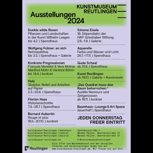 Grafik in grün und lila mit dem Jahresprogramm der Ausstellungen am Kunstmuseum Reutlingen