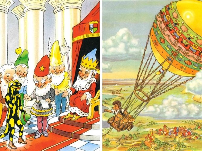 Links ein Ausschnitt aus Lurchis Abenteuer: Lurchi zeigt dem Zwergenkönig seine ledernen Schuhe, Rechts Mecki, der in seinem Heißluftballon über eine märchenhafte Landschaft fliegt