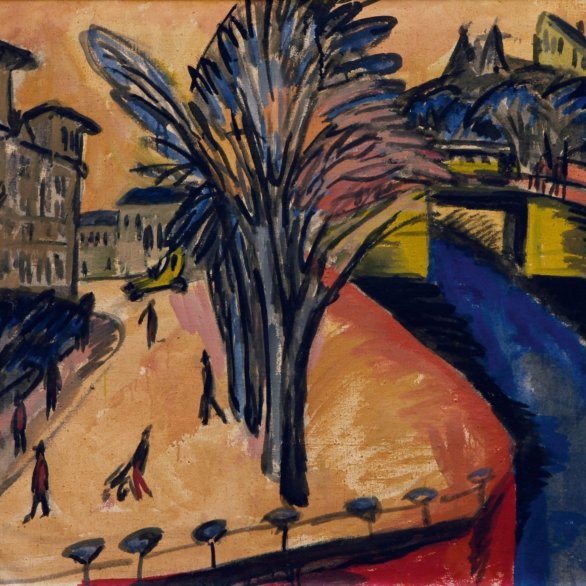 Ernst Ludwig Kirchner stellt in diesem Gemälde das Engelufer in Berlin dar. Von einem erhöhten Standpunkt richtet sich der Betrachterblick auf den Luisenkanal. Die rechte Bildhälfte zeigt eine Ecke einer Promenade auf der klein und auf wenige Linien reduziert, Personen angedeutet sind. Auf der Promenade ist eine große Baumallee angedeutet. Rechts im Hintergrund kann man die beiden Türme der Melanchthonkirche erkennen. Im linken Bildteil sieht man den blauen Fluss. Die Farben sind expressiv, intensiv.