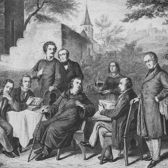 „Im Garten bei Justinus Kerner“, Stahlstich nach einem Gemälde von Heinrich von Rustige aus der Zeitschrift „Die Gartenlaube“, Leipzig 1866, 2. v. l.: Nikolaus Lenau.