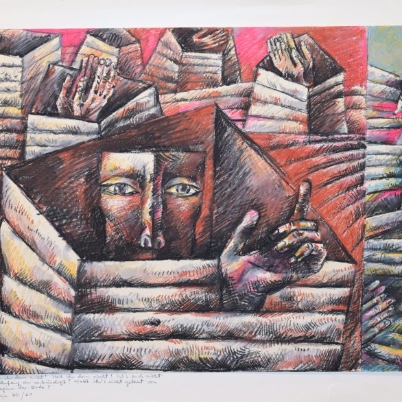 Gertrud Hornung: Wisst ihr denn nicht? Hört ihr denn nicht?, 1974, Farbzeichnung, Siebenbürgisches Museum