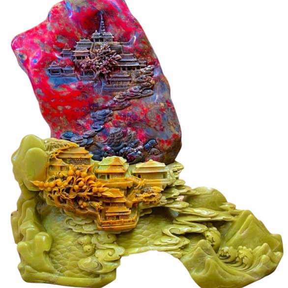 Hühnerblutstein auf Schichtstein - Darstellung einer Kloster- und Tempelanlage am Berg