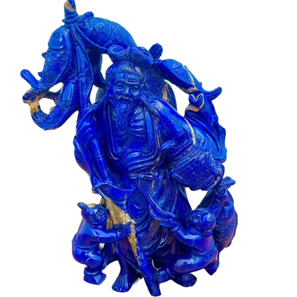 Lapislazuli - Fischer mit seinem Fang, zwei Kinder zerren an seinen Beinen